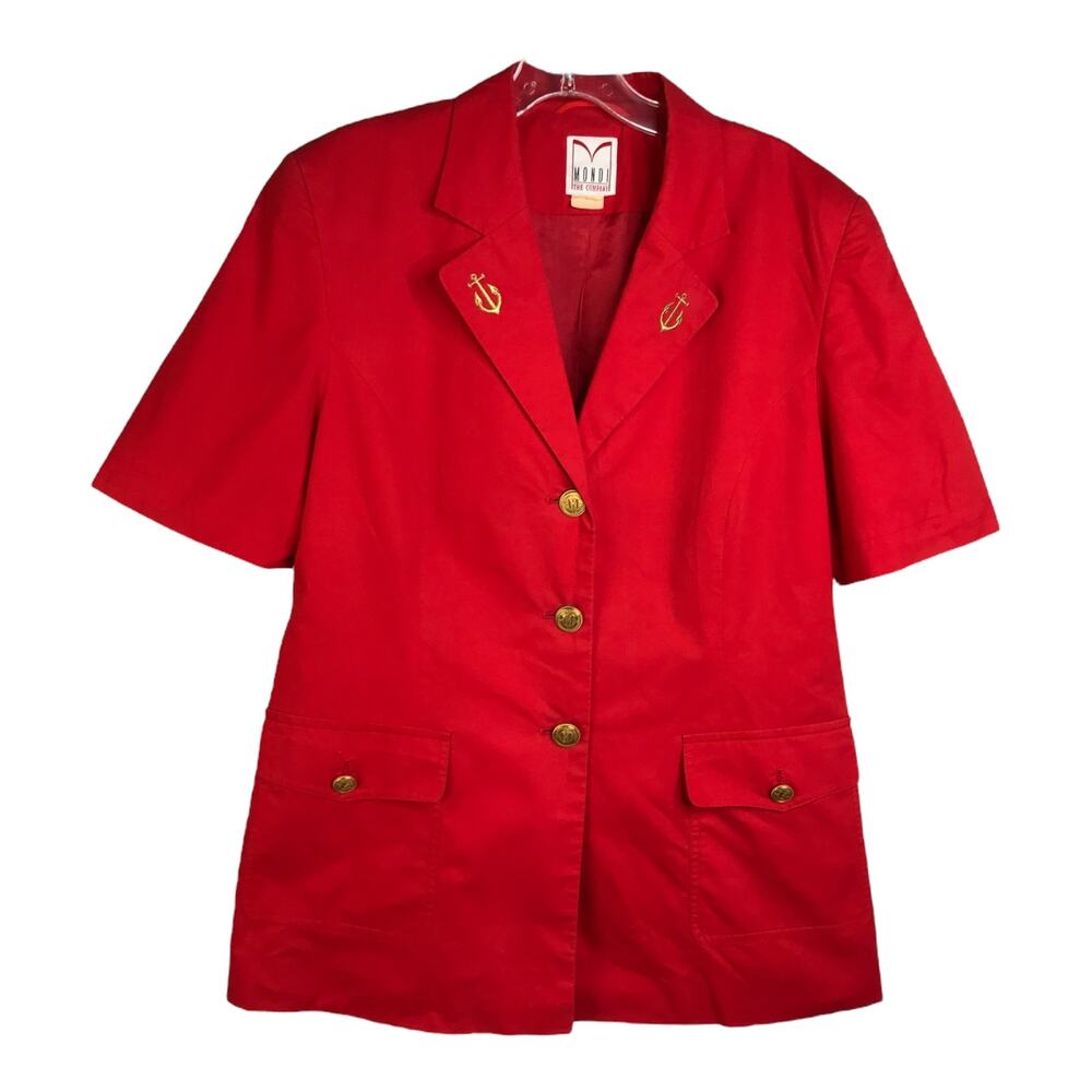 Vintage Mondi Short Sleeve Blazer Top Women M/L‎ Bright Red Gold Buttons Trim